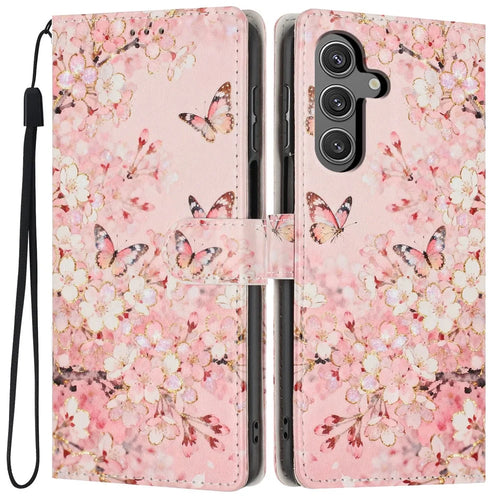 For Samsung Galaxy S25 FE Wallet Case Pattern Printing PU Leather Stand Flip Phone Cover with Wrist Strap - Pink Sakura Butterfly - 1