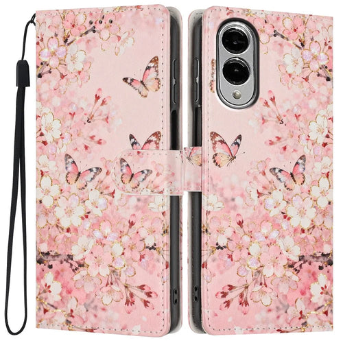 For Samsung Galaxy S25 Edge Wallet Case Pattern Printing PU Leather Stand Flip Phone Cover with Wrist Strap - Pink Sakura Butterfly - 1