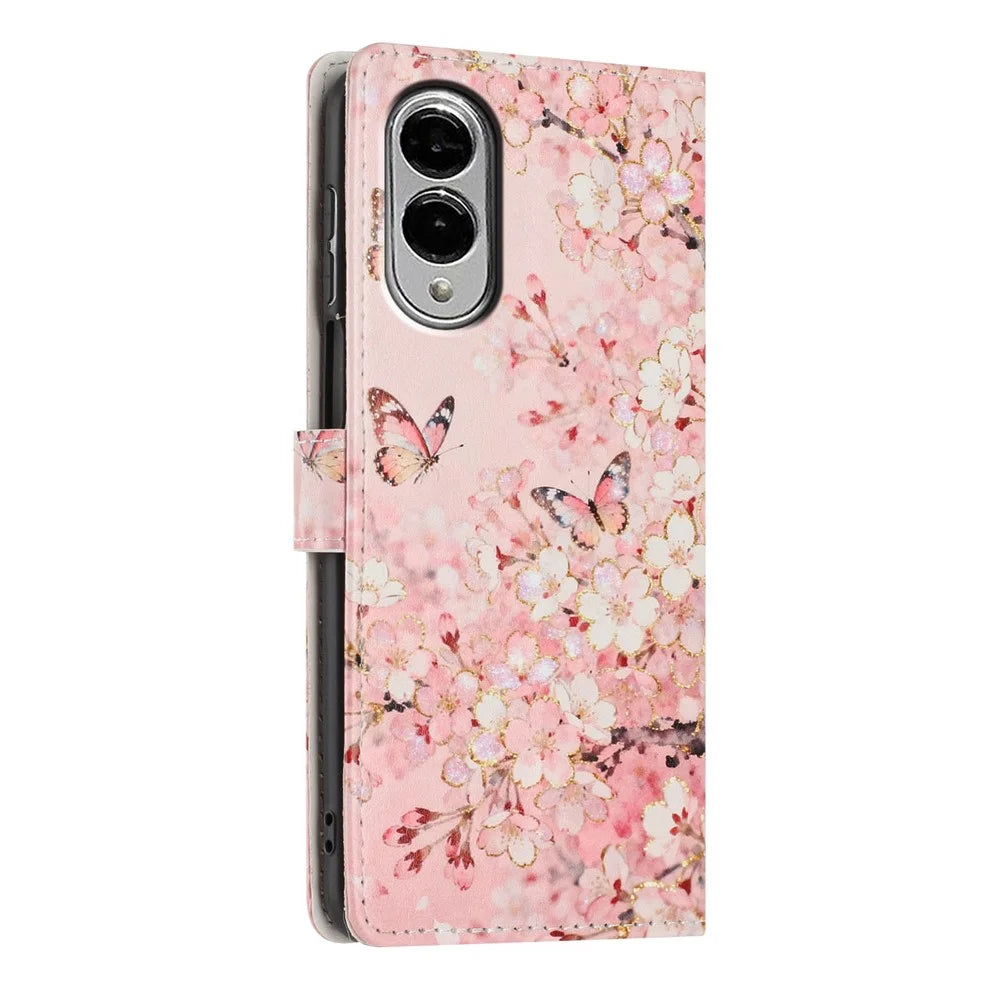 For Samsung Galaxy S25 Edge Wallet Case Pattern Printing PU Leather Stand Flip Phone Cover with Wrist Strap - Pink Sakura Butterfly - 6