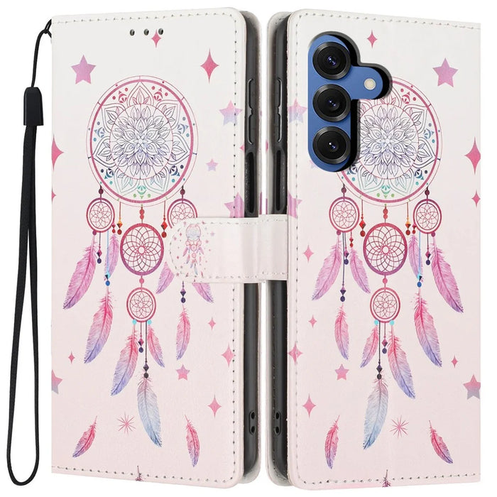 For Samsung Galaxy S26 Wallet Case Pattern Printing PU Leather Stand Flip Phone Cover with Wrist Strap - Feather Dreamcatcher - 1