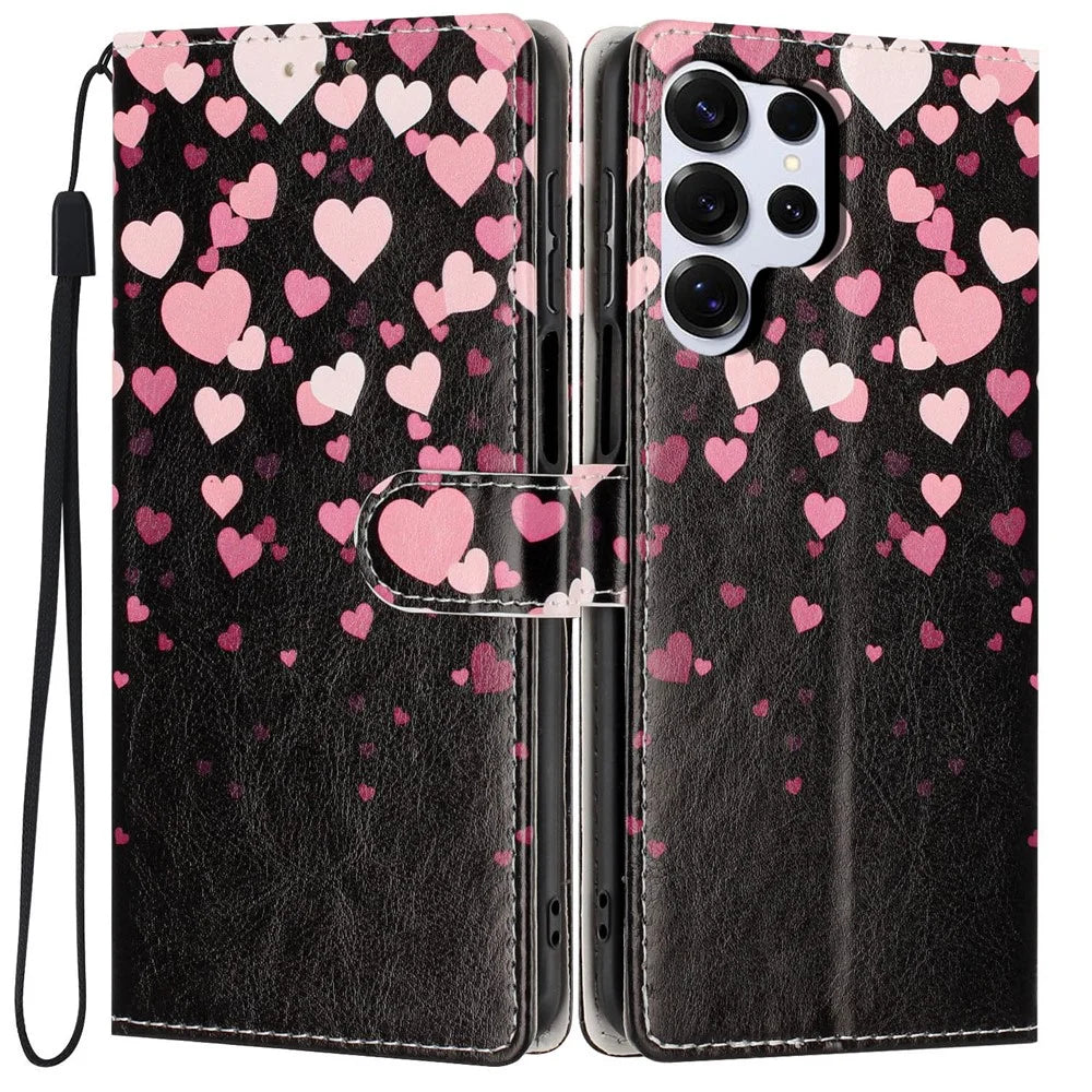 For Samsung Galaxy S26 Ultra Wallet Case Pattern Printing PU Leather Stand Flip Phone Cover with Wrist Strap - Pink Heart - 1