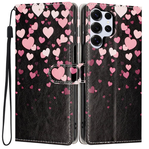 For Samsung Galaxy S26 Ultra Wallet Case Pattern Printing PU Leather Stand Flip Phone Cover with Wrist Strap - Pink Heart - 1