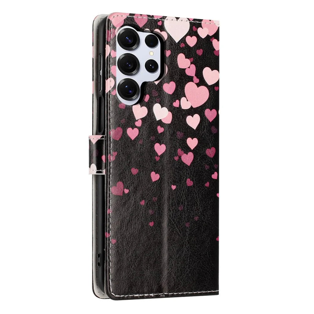 For Samsung Galaxy S26 Ultra Wallet Case Pattern Printing PU Leather Stand Flip Phone Cover with Wrist Strap - Pink Heart - 6