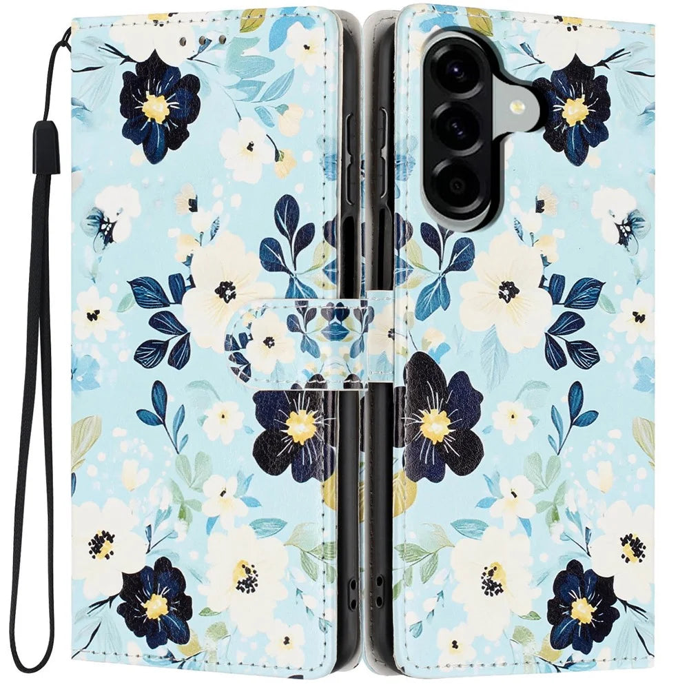 For Samsung Galaxy A37 5G Wallet Case Pattern Printing PU Leather Stand Flip Phone Cover with Wrist Strap - Blue Background  /  Flower - 1