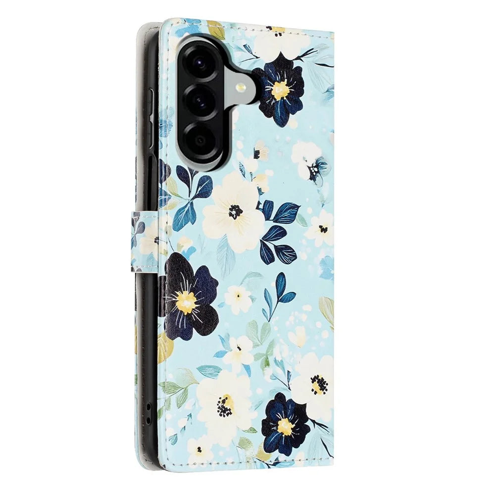 For Samsung Galaxy A37 5G Wallet Case Pattern Printing PU Leather Stand Flip Phone Cover with Wrist Strap - Blue Background  /  Flower - 6