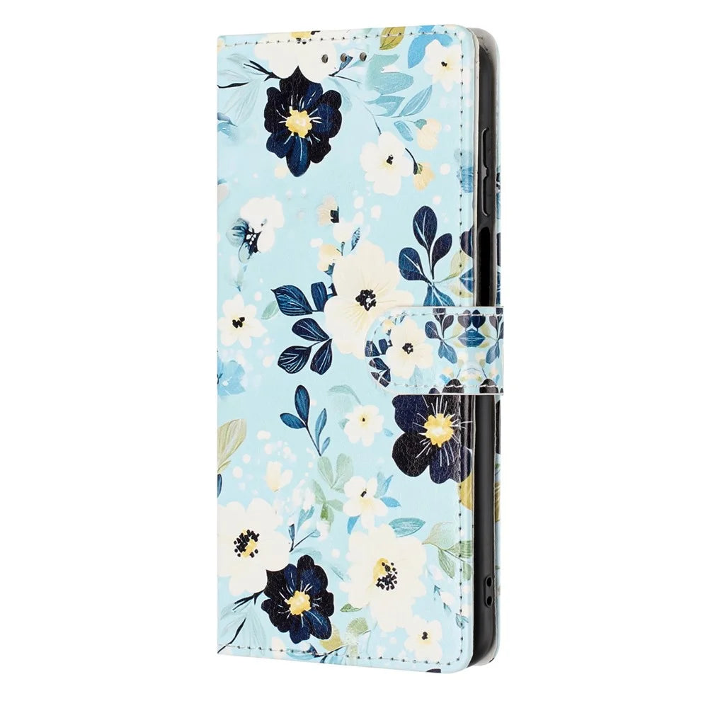 For Samsung Galaxy A37 5G Wallet Case Pattern Printing PU Leather Stand Flip Phone Cover with Wrist Strap - Blue Background  /  Flower - 7