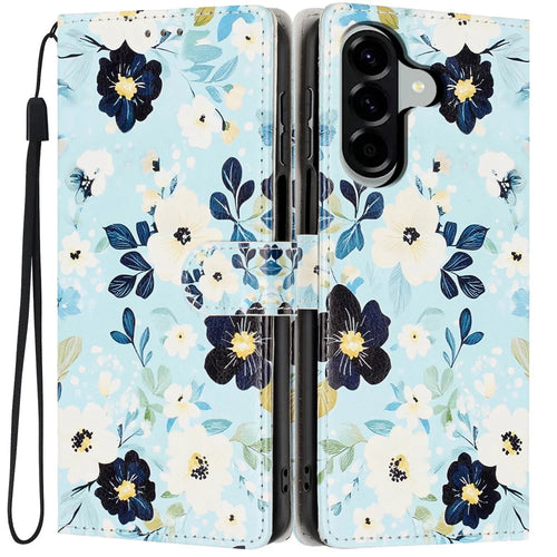 For Samsung Galaxy A57 5G Wallet Case Pattern Printing PU Leather Stand Flip Phone Cover with Wrist Strap - Blue Background  /  Flower - 1