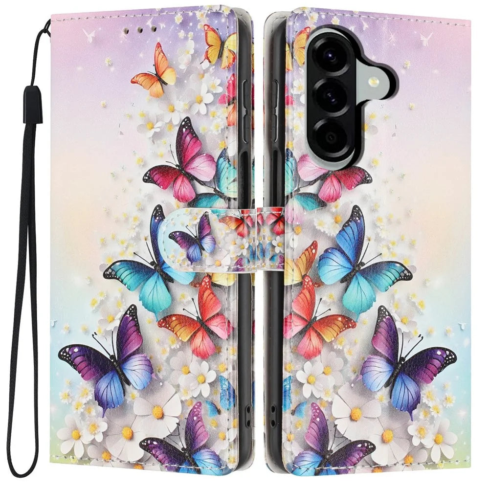 For Samsung Galaxy A56 5G Wallet Case Pattern Printing PU Leather Stand Flip Phone Cover with Wrist Strap - Colorful Butterfly - 1