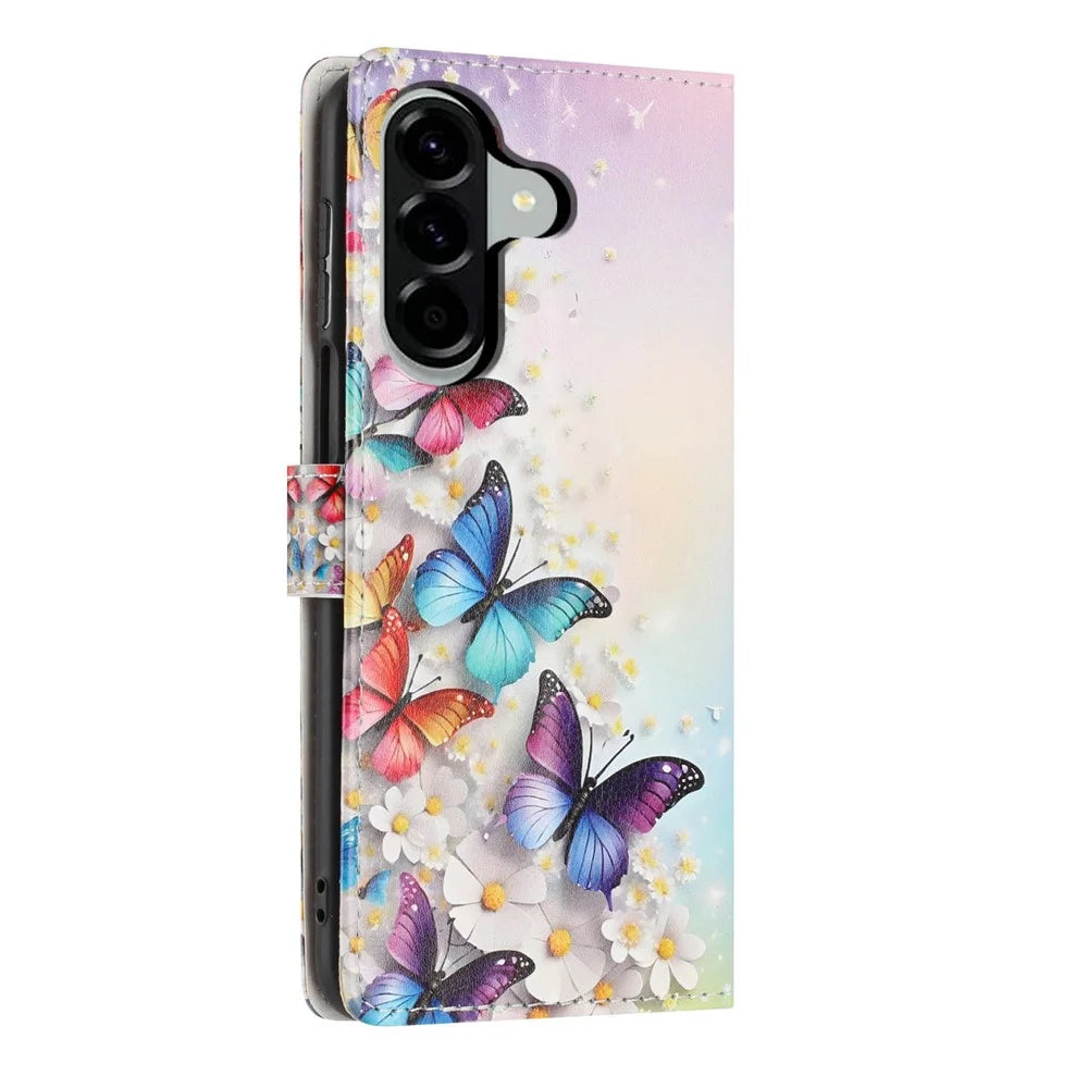 For Samsung Galaxy A56 5G Wallet Case Pattern Printing PU Leather Stand Flip Phone Cover with Wrist Strap - Colorful Butterfly - 6