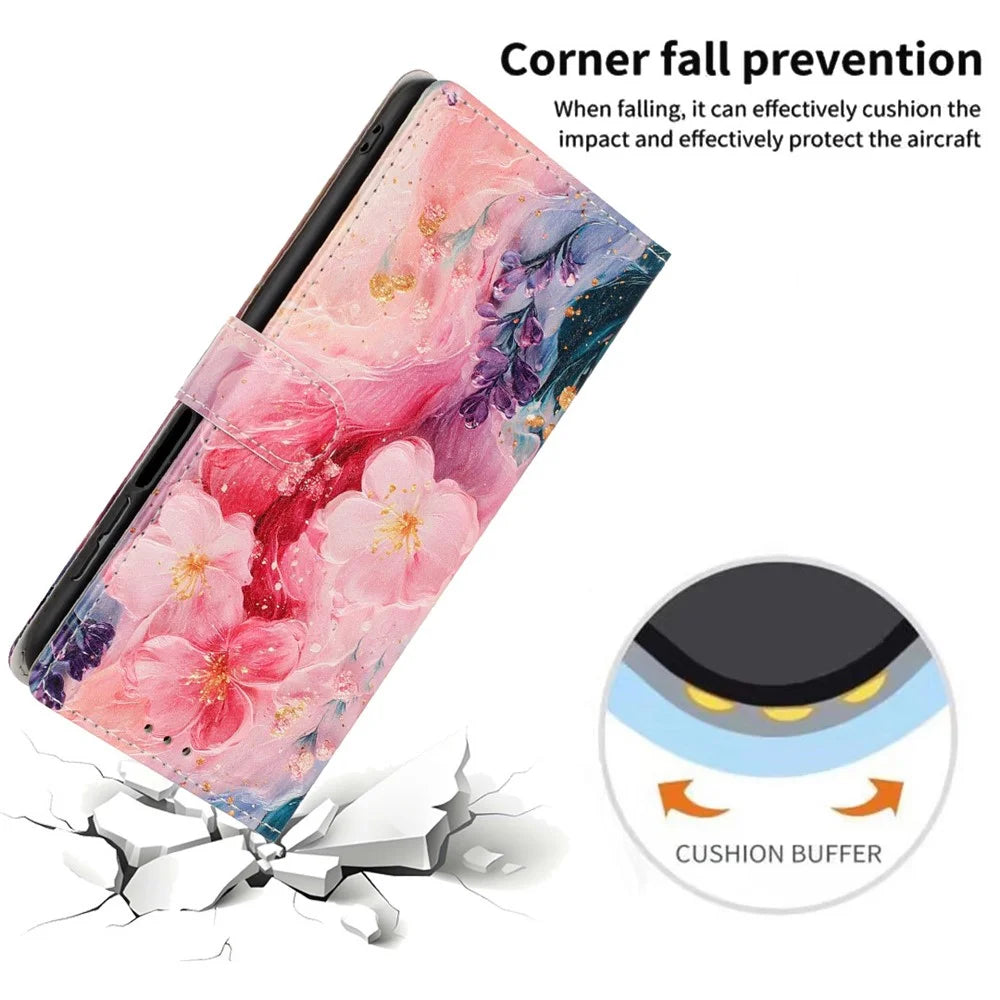 For Samsung Galaxy A55 5G Wallet Case Pattern Printing PU Leather Stand Flip Phone Cover with Wrist Strap - Oil Painting Flower - 4