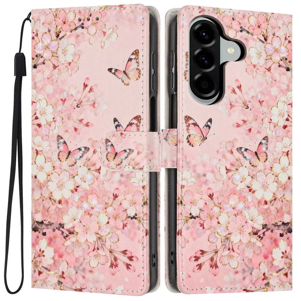 For Samsung Galaxy A25 5G (Global) (161mm) Wallet Case Pattern Printing PU Leather Stand Flip Phone Cover with Wrist Strap - Pink Sakura Butterfly - 1