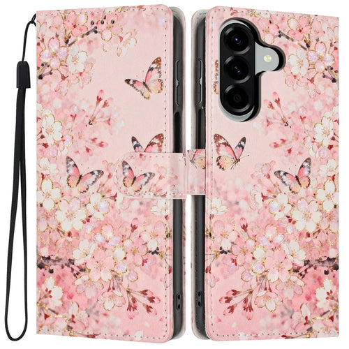For Samsung Galaxy A25 5G (Global) (161mm) Wallet Case Pattern Printing PU Leather Stand Flip Phone Cover with Wrist Strap - Pink Sakura Butterfly - 1