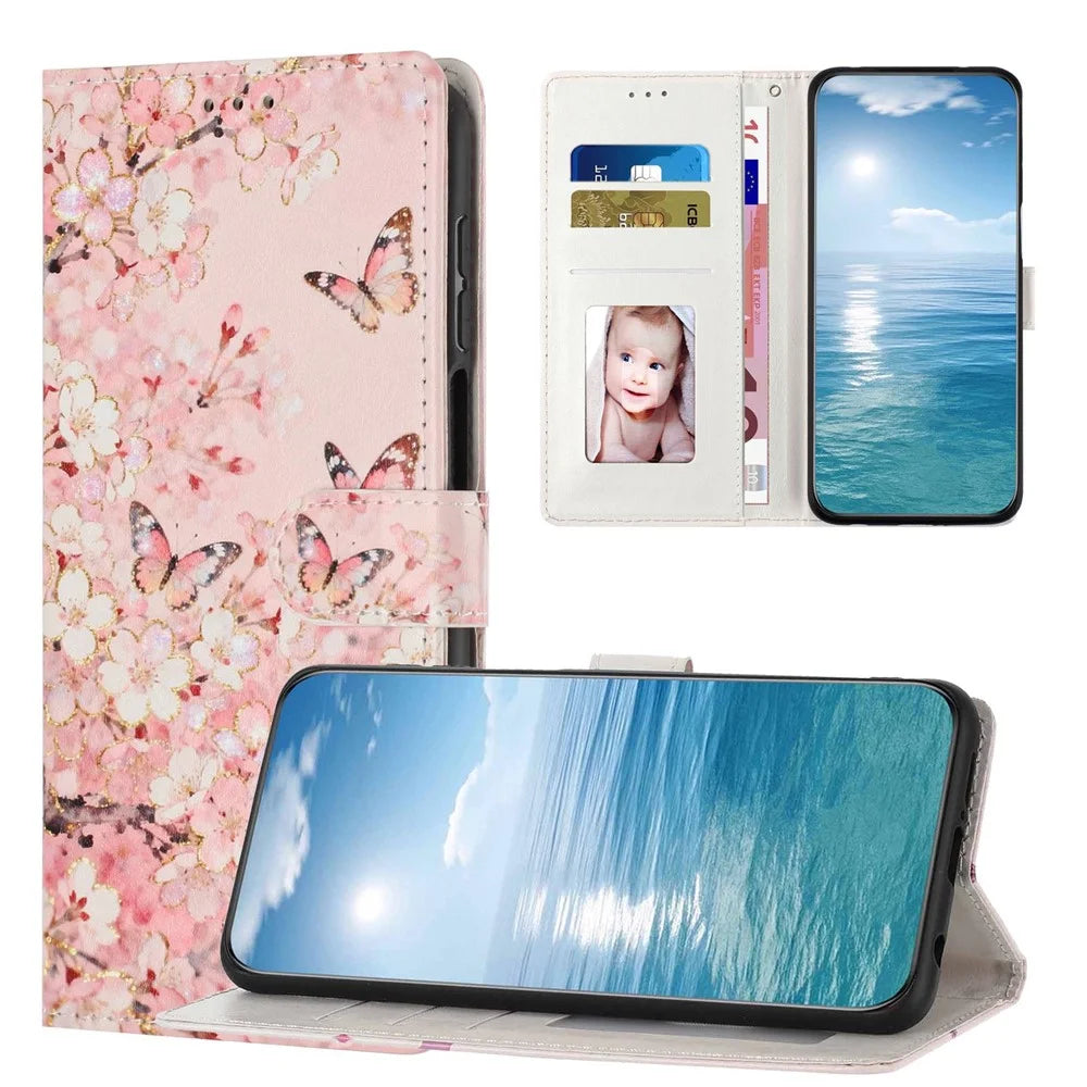 For Samsung Galaxy A25 5G (Global) (161mm) Wallet Case Pattern Printing PU Leather Stand Flip Phone Cover with Wrist Strap - Pink Sakura Butterfly - 6