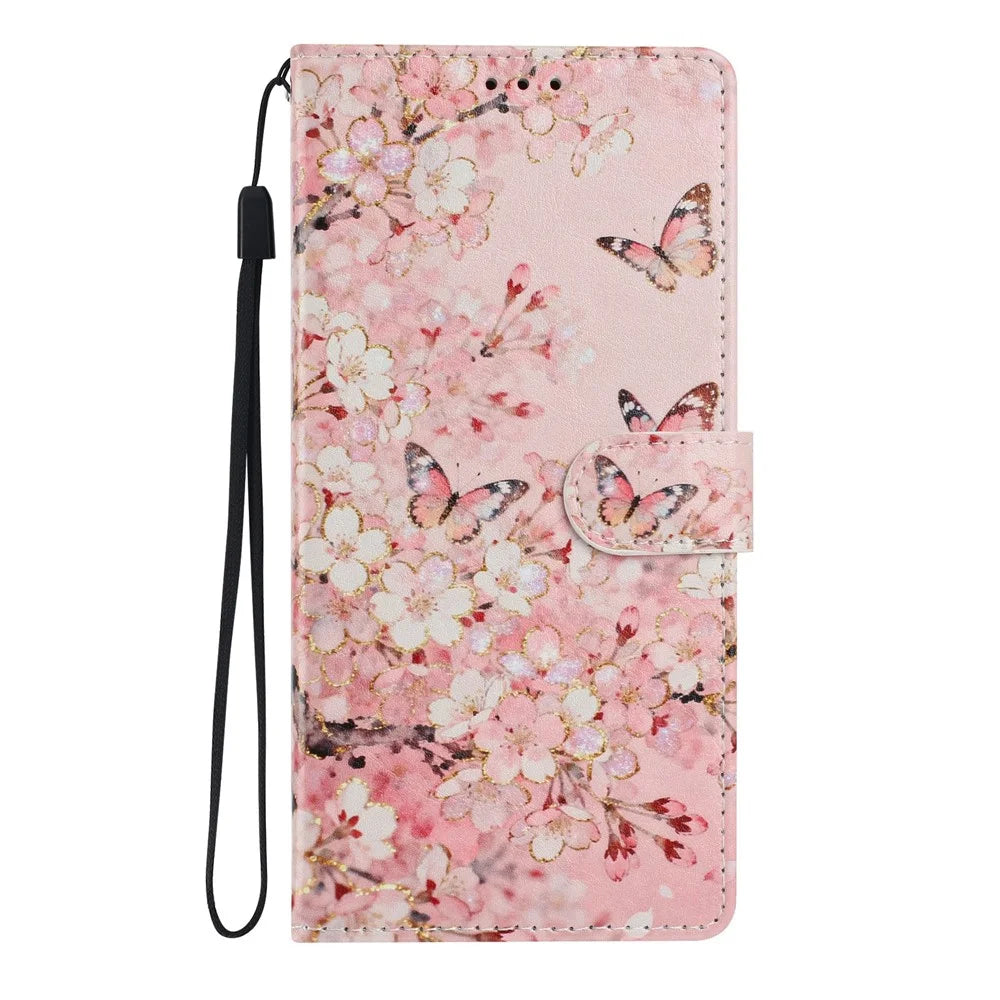 For Samsung Galaxy A25 5G (Global) (161mm) Wallet Case Pattern Printing PU Leather Stand Flip Phone Cover with Wrist Strap - Pink Sakura Butterfly - 7