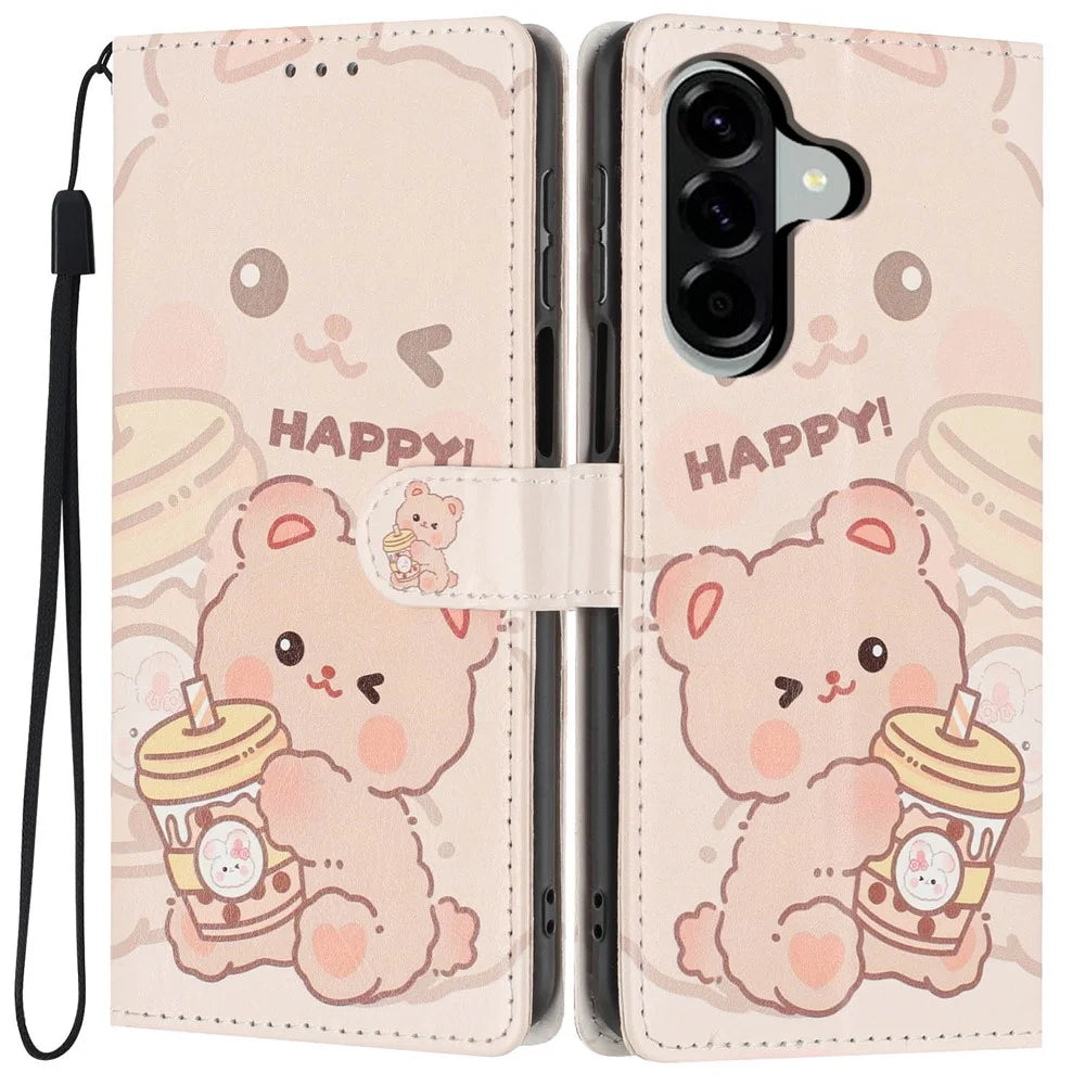Wallet Case For Samsung Galaxy A15 5G  /  4G Pattern Printing PU Leather Stand Flip Phone Cover with Wrist Strap - Milk Tea Bear - 1