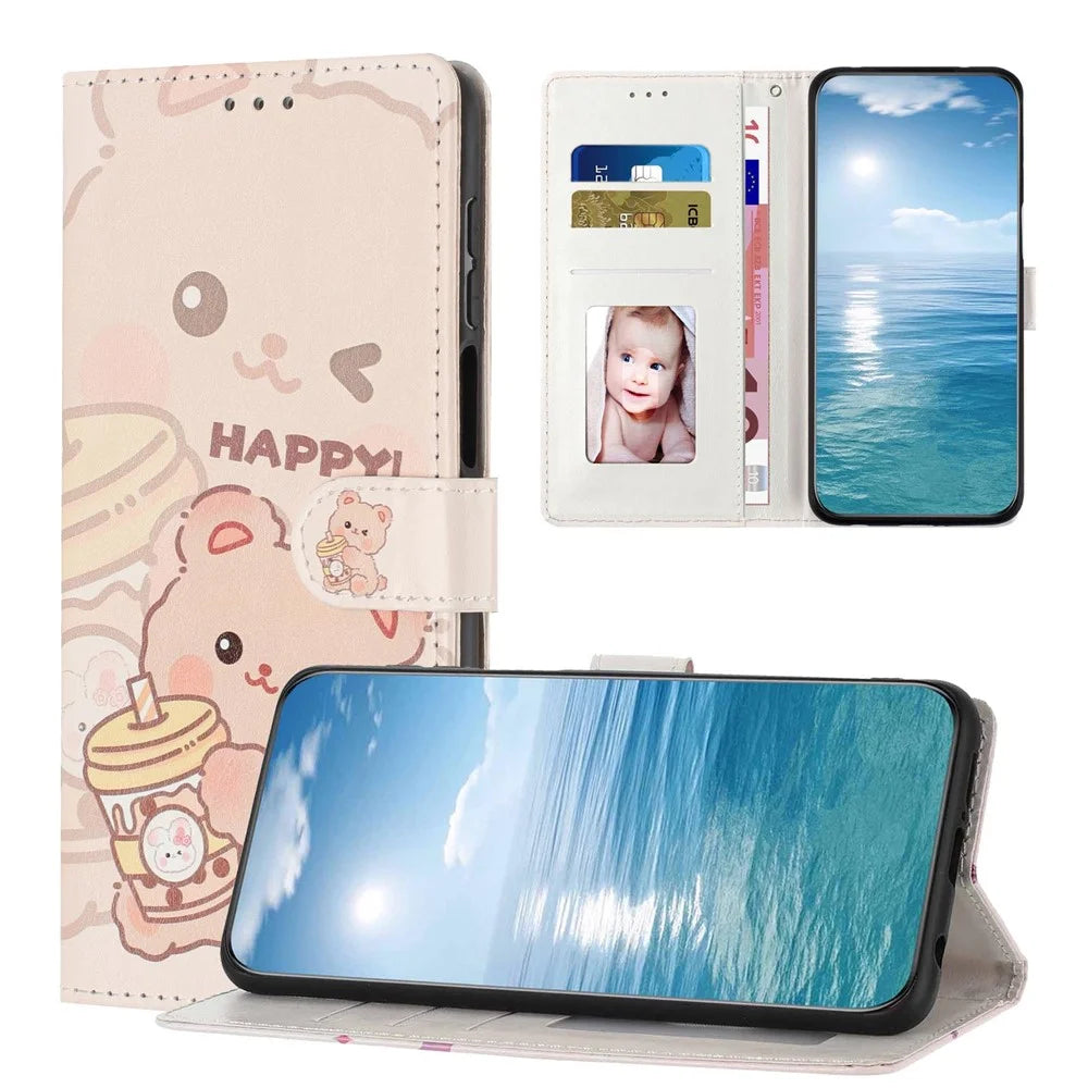 Wallet Case For Samsung Galaxy A15 5G  /  4G Pattern Printing PU Leather Stand Flip Phone Cover with Wrist Strap - Milk Tea Bear - 6