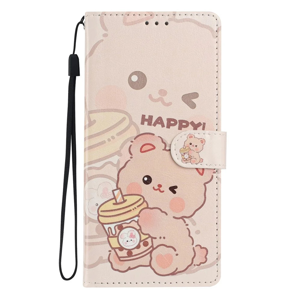 Wallet Case For Samsung Galaxy A15 5G  /  4G Pattern Printing PU Leather Stand Flip Phone Cover with Wrist Strap - Milk Tea Bear - 7