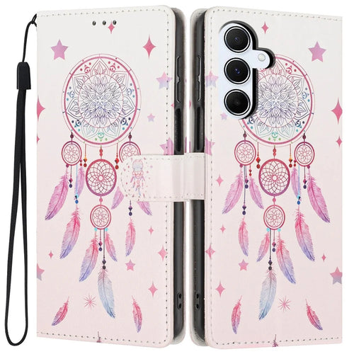 For Samsung Galaxy A54 5G Wallet Case Pattern Printing PU Leather Stand Flip Phone Cover with Wrist Strap - Feather Dreamcatcher - 1