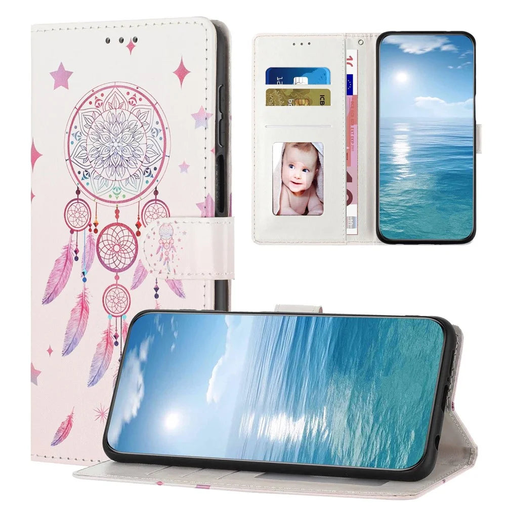 For Samsung Galaxy A54 5G Wallet Case Pattern Printing PU Leather Stand Flip Phone Cover with Wrist Strap - Feather Dreamcatcher - 6
