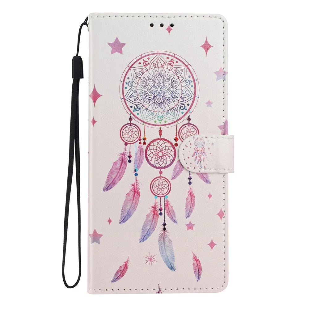 For Samsung Galaxy A54 5G Wallet Case Pattern Printing PU Leather Stand Flip Phone Cover with Wrist Strap - Feather Dreamcatcher - 7