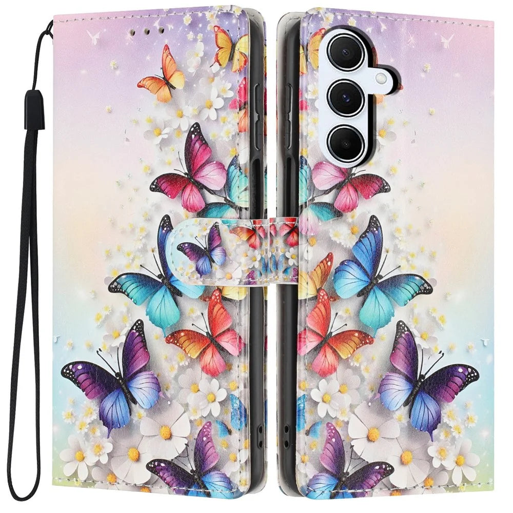 For Samsung Galaxy A34 5G Wallet Case Pattern Printing PU Leather Stand Flip Phone Cover with Wrist Strap - Colorful Butterfly - 1