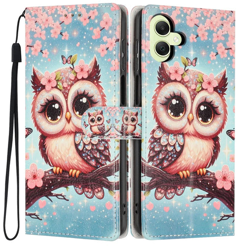 For Samsung Galaxy A05 4G Wallet Case Pattern Printing PU Leather Stand Flip Phone Cover with Wrist Strap - Sakura Owl - 1
