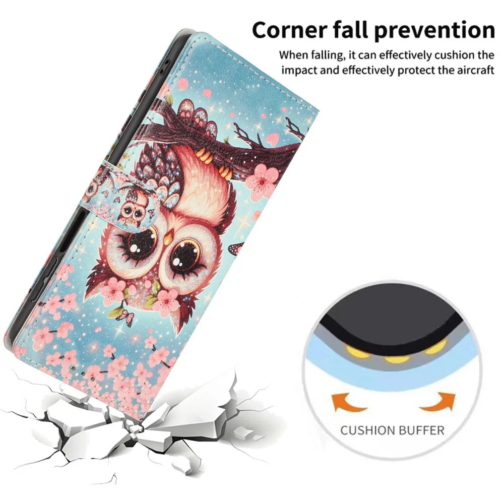 For Samsung Galaxy A05 4G Wallet Case Pattern Printing PU Leather Stand Flip Phone Cover with Wrist Strap - Sakura Owl - 4