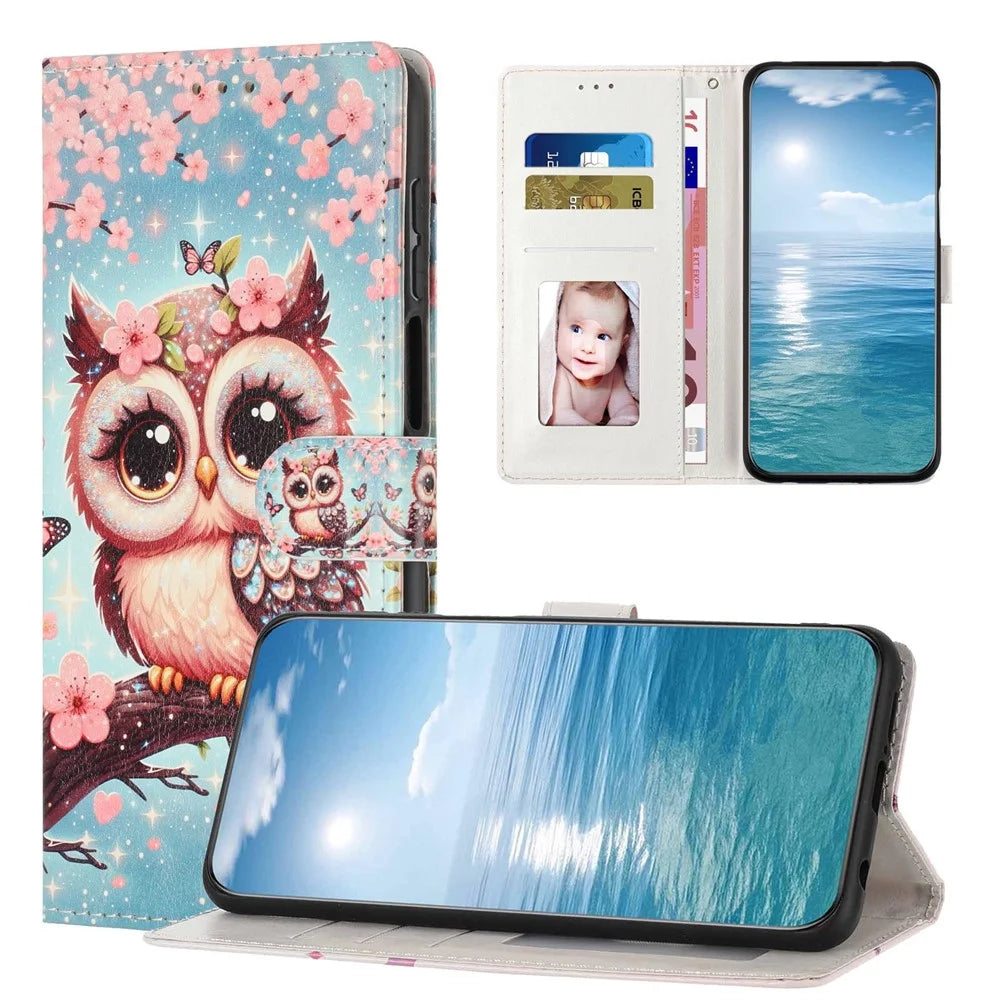 For Samsung Galaxy A05 4G Wallet Case Pattern Printing PU Leather Stand Flip Phone Cover with Wrist Strap - Sakura Owl - 6