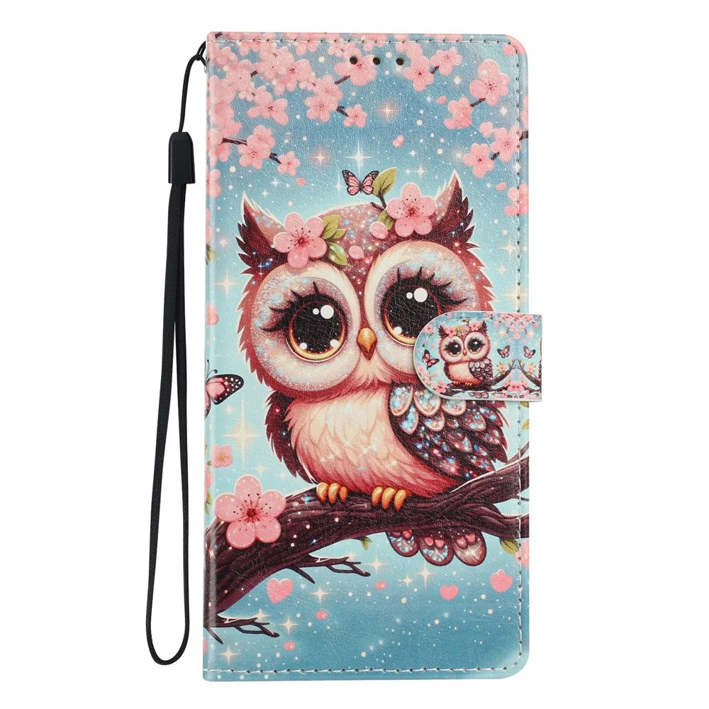 For Samsung Galaxy A05 4G Wallet Case Pattern Printing PU Leather Stand Flip Phone Cover with Wrist Strap - Sakura Owl - 7