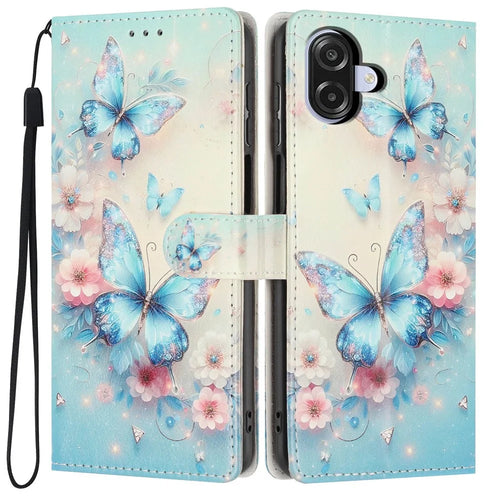 Wallet Case For Samsung Galaxy A06 4G  /  5G Pattern Printing PU Leather Stand Flip Phone Cover with Wrist Strap - Pink Flower  /  Blue Butterfly - 1