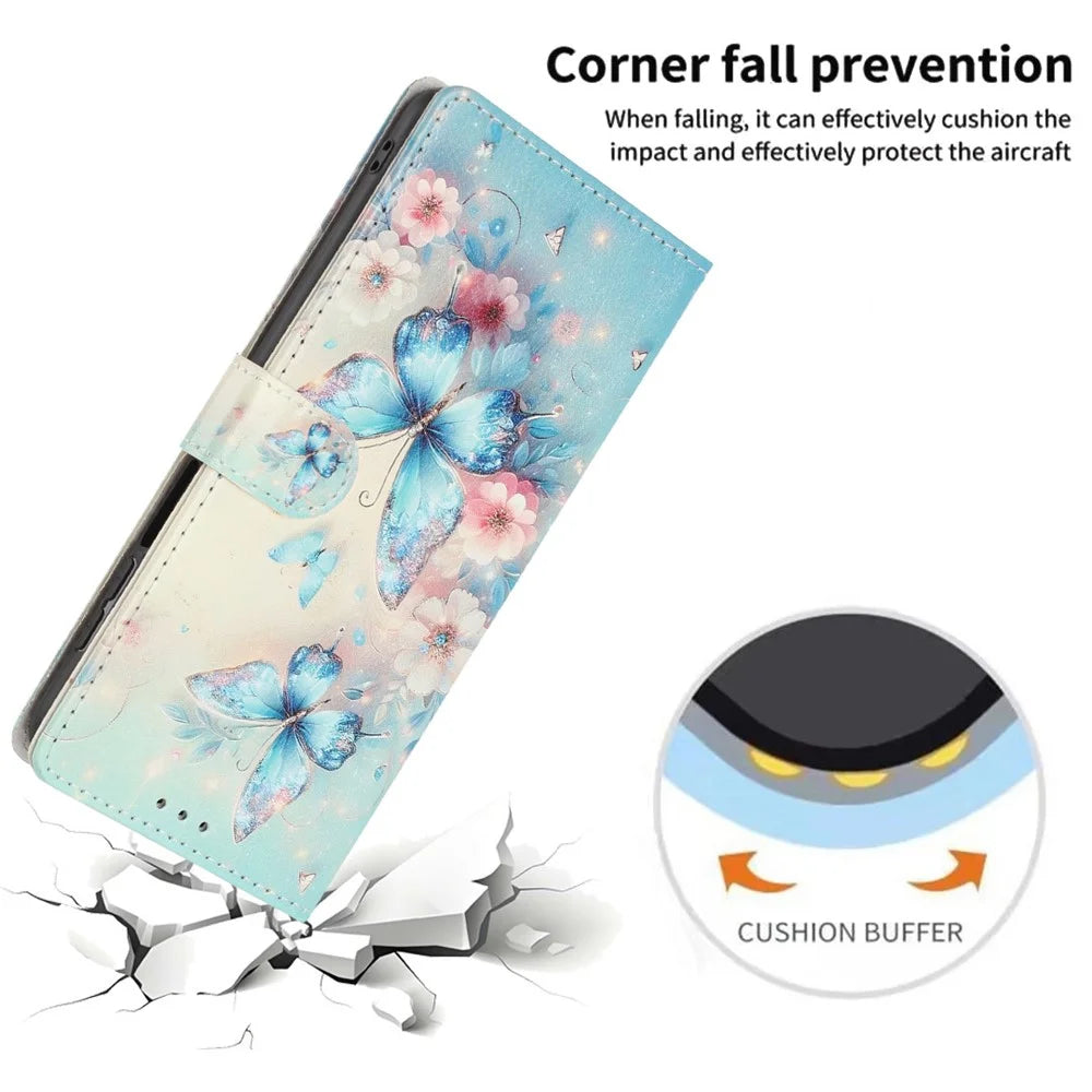 Wallet Case For Samsung Galaxy A06 4G  /  5G Pattern Printing PU Leather Stand Flip Phone Cover with Wrist Strap - Pink Flower  /  Blue Butterfly - 4