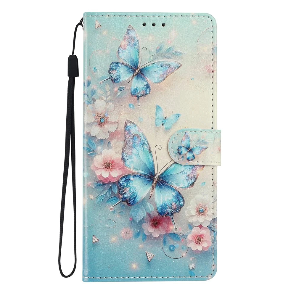 Wallet Case For Samsung Galaxy A06 4G  /  5G Pattern Printing PU Leather Stand Flip Phone Cover with Wrist Strap - Pink Flower  /  Blue Butterfly - 7