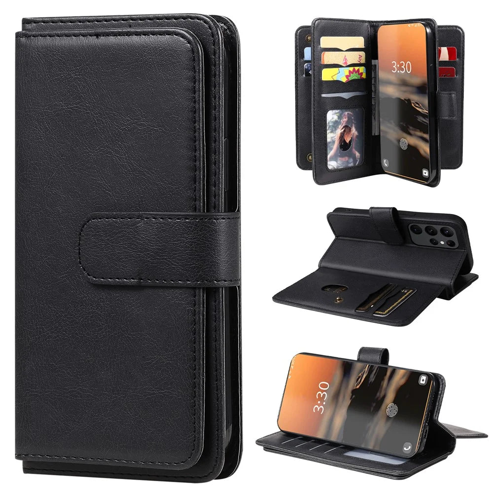 For Samsung Galaxy S23 Ultra Leather Case with 10 Card Holder Phone Cover Stand - Black - 1