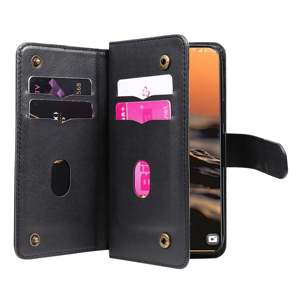 For Samsung Galaxy S23 Ultra Leather Case with 10 Card Holder Phone Cover Stand - Black - 2