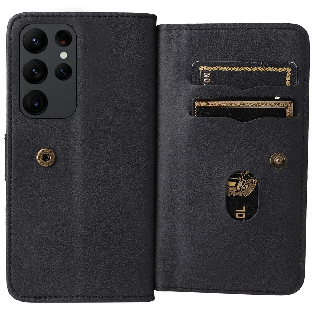 For Samsung Galaxy S23 Ultra Leather Case with 10 Card Holder Phone Cover Stand - Black - 5
