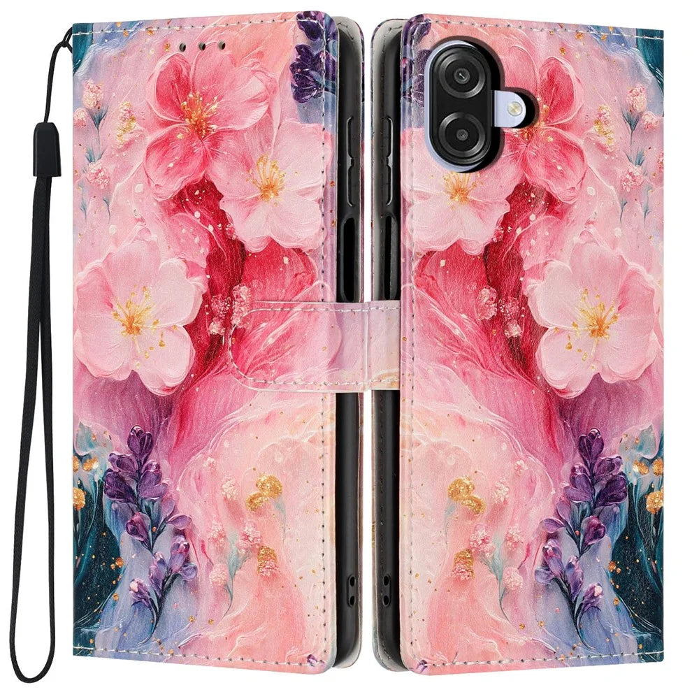 Wallet Case For Samsung Galaxy A08 5G / A08 4G / A07 5G / A07 4G Pattern Printing PU Leather Stand Flip Phone Cover with Wrist Strap - Oil Painting Flower - 1