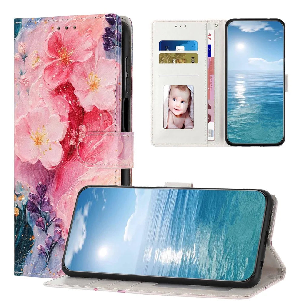 Wallet Case For Samsung Galaxy A08 5G / A08 4G / A07 5G / A07 4G Pattern Printing PU Leather Stand Flip Phone Cover with Wrist Strap - Oil Painting Flower - 6