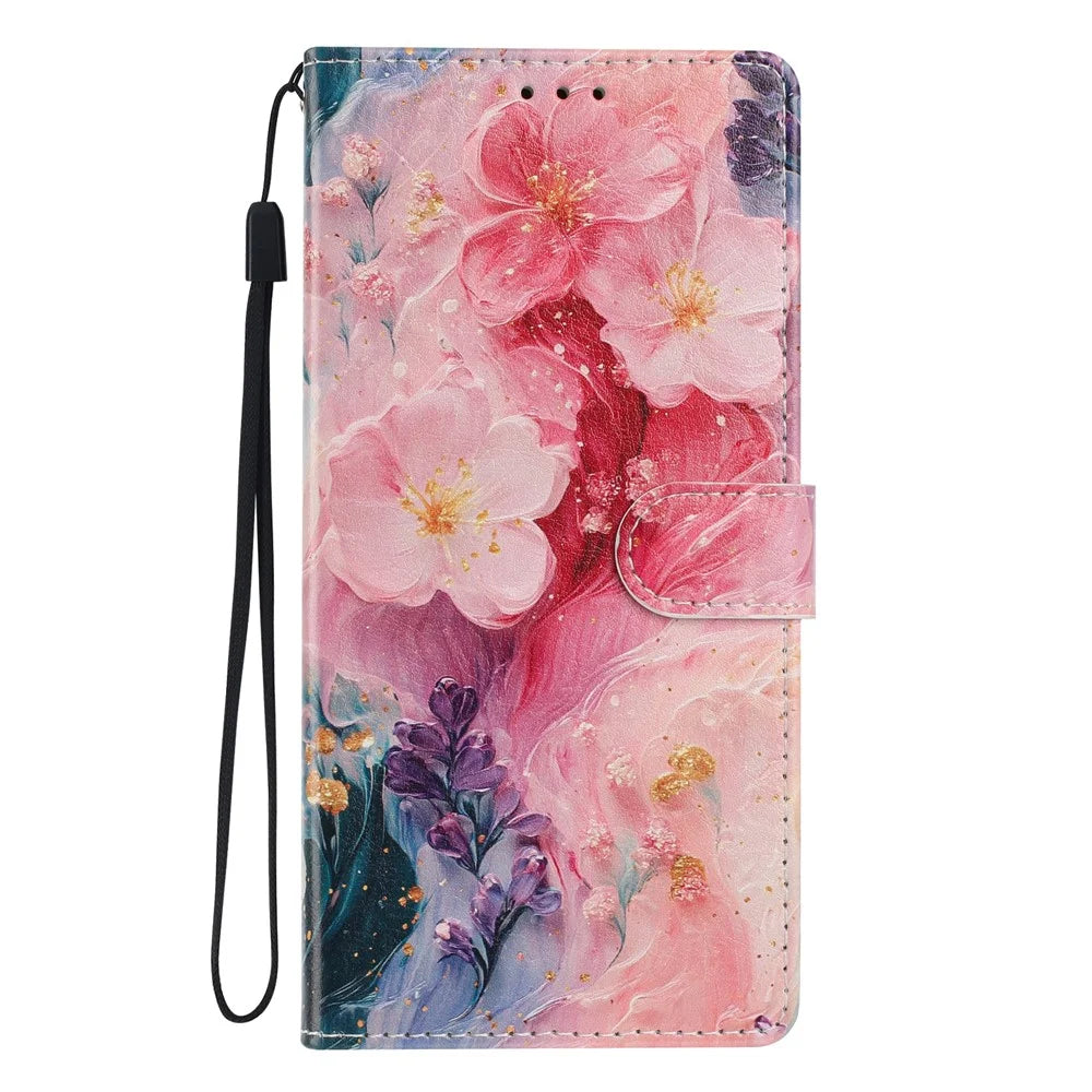 Wallet Case For Samsung Galaxy A08 5G / A08 4G / A07 5G / A07 4G Pattern Printing PU Leather Stand Flip Phone Cover with Wrist Strap - Oil Painting Flower - 7