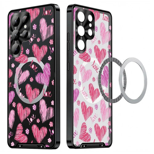 For Samsung Galaxy S24 Ultra Magnetic Case Heart Pattern PC + TPU Phone Cover with Lens Film - LK00228-01 - 1