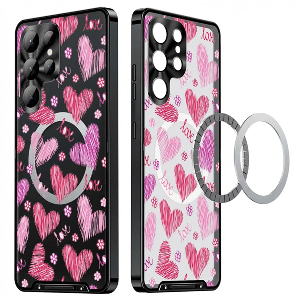 For Samsung Galaxy S23 Ultra Magnetic Case Heart Pattern PC + TPU Phone Cover with Lens Film - LK00228-01 - 1