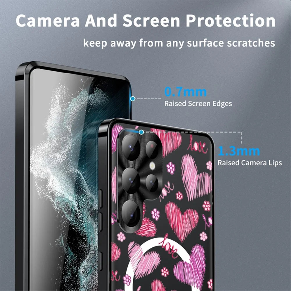 For Samsung Galaxy S23 Ultra Magnetic Case Heart Pattern PC + TPU Phone Cover with Lens Film - LK00228-01 - 4