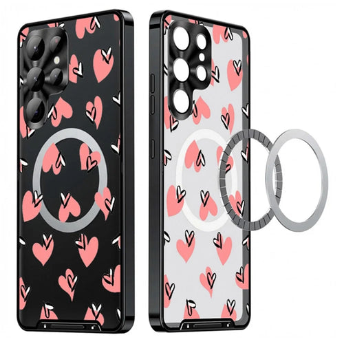 For Samsung Galaxy S24 Ultra Magnetic Case Heart Pattern PC + TPU Shockproof Phone Cover with Lens Film - LK00248-21 - 1