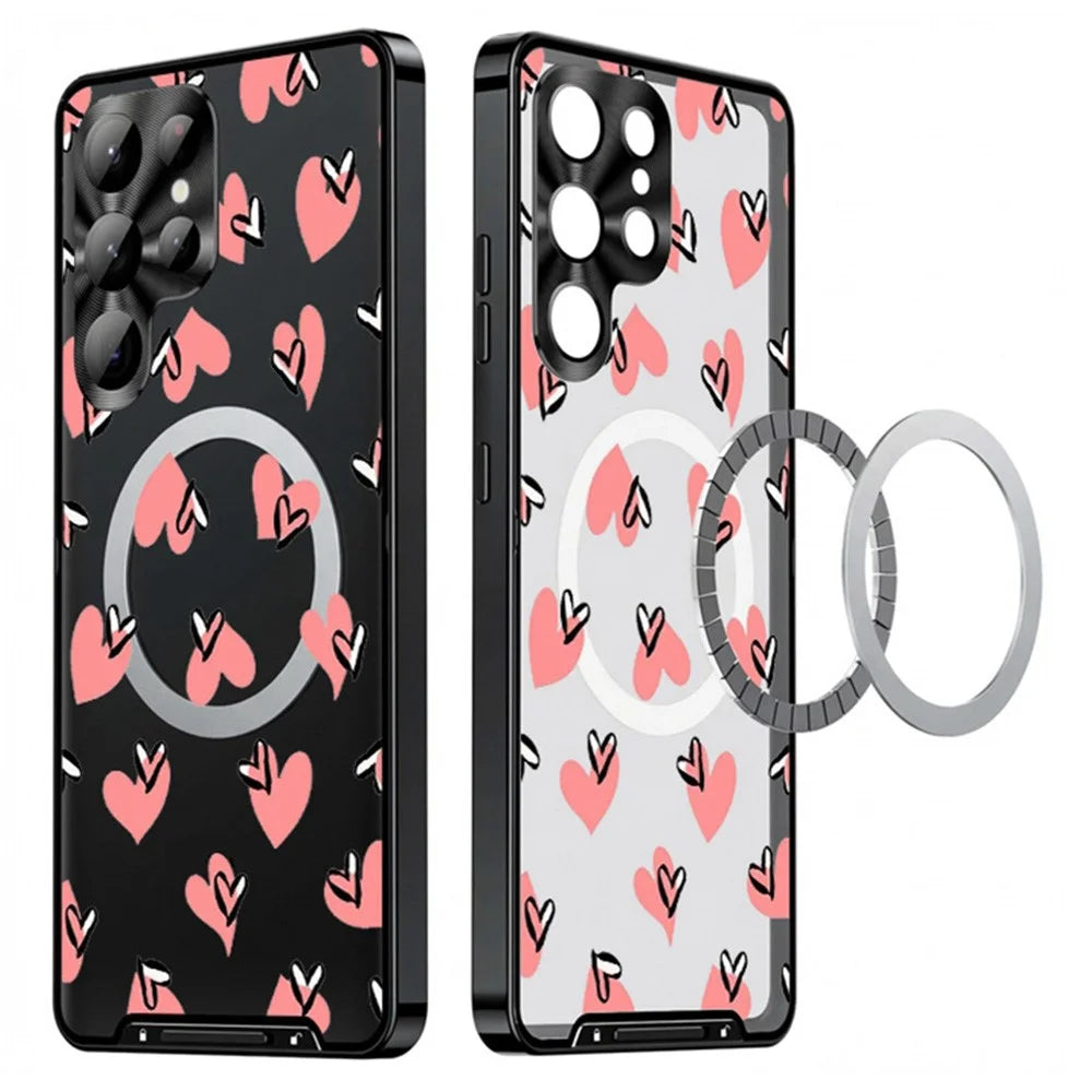 For Samsung Galaxy S22 Ultra 5G Magnetic Case Heart Pattern PC + TPU Shockproof Phone Cover with Lens Film - LK00248-21 - 1
