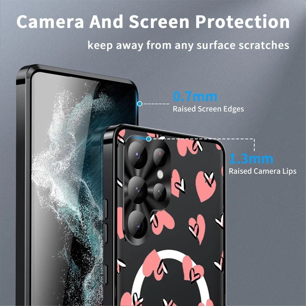 For Samsung Galaxy S22 Ultra 5G Magnetic Case Heart Pattern PC + TPU Shockproof Phone Cover with Lens Film - LK00248-21 - 4
