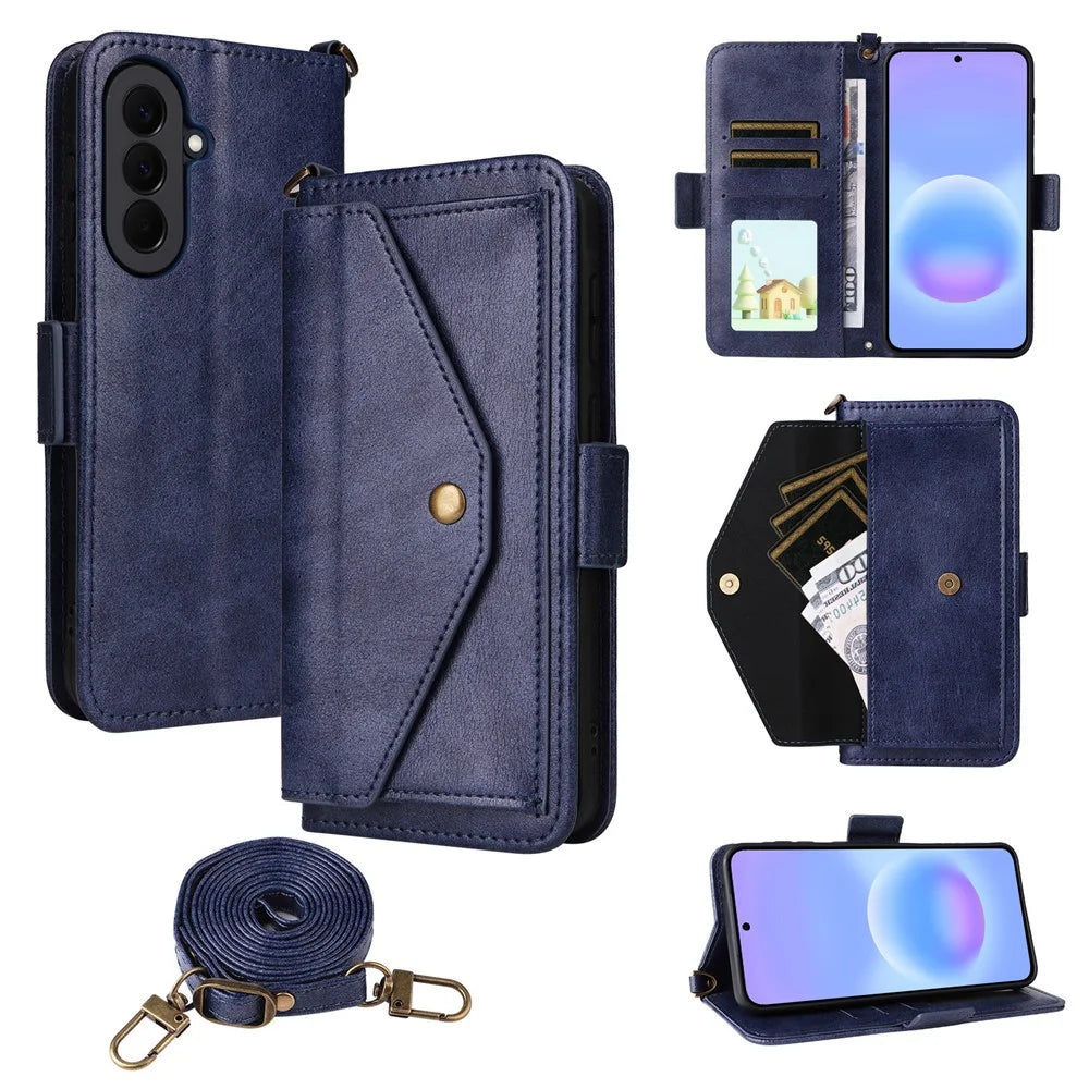 For Samsung Galaxy A57 5G Leather Case Magnetic Closure Wallet Stand Phone Cover with Crossbody Strap - Blue - 1