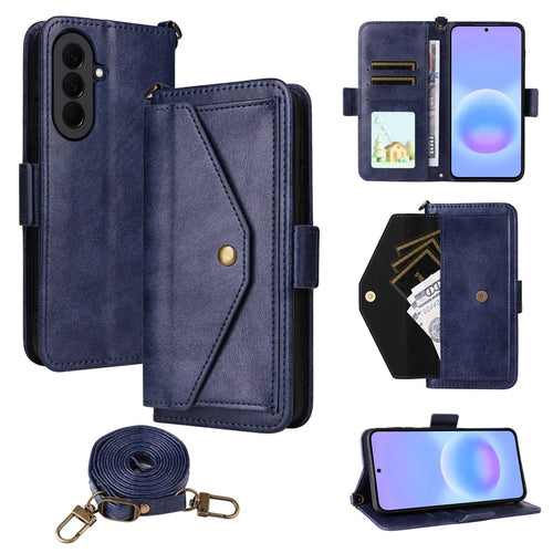 For Samsung Galaxy A57 5G Leather Case Magnetic Closure Wallet Stand Phone Cover with Crossbody Strap - Blue - 1