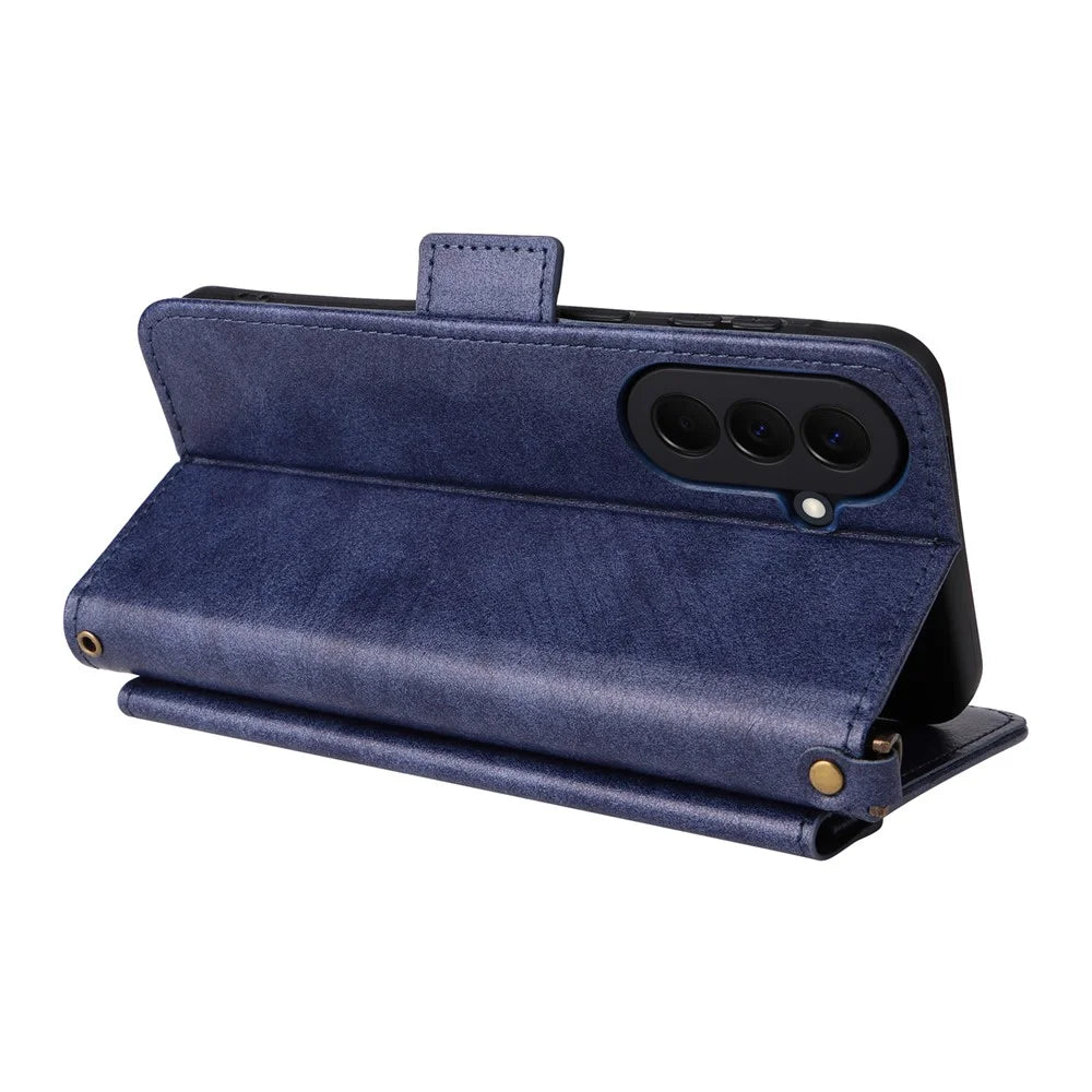For Samsung Galaxy A57 5G Leather Case Magnetic Closure Wallet Stand Phone Cover with Crossbody Strap - Blue - 5