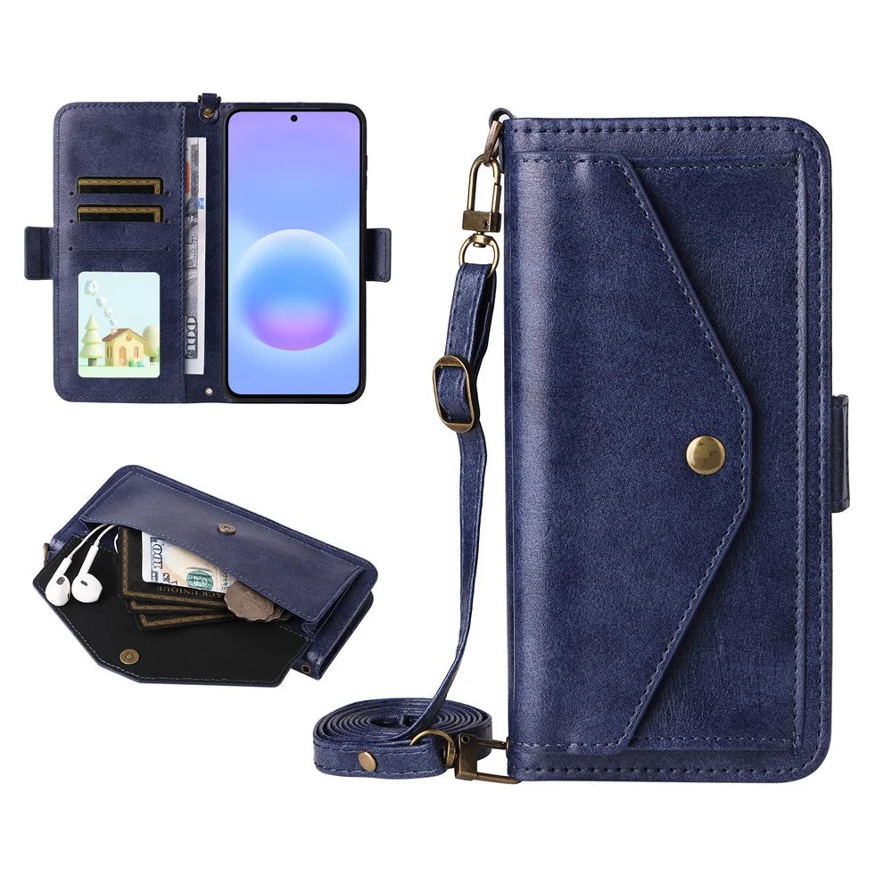 For Samsung Galaxy A57 5G Leather Case Magnetic Closure Wallet Stand Phone Cover with Crossbody Strap - Blue - 7