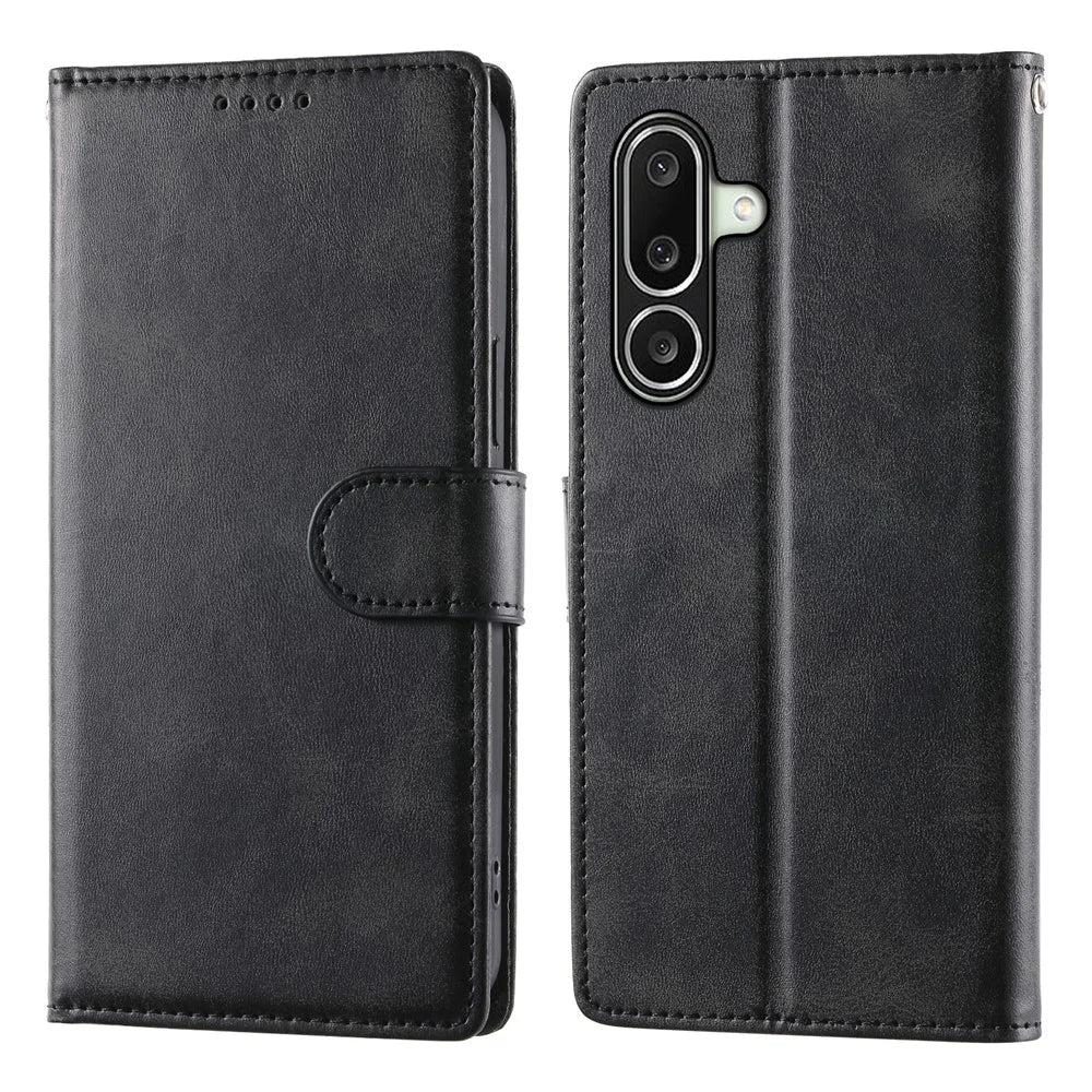 For Samsung Galaxy A27 5G Phone Case Stand Wallet Calf Texture PU Leather Flip Phone Cover with Wrist Strap - Black - 1