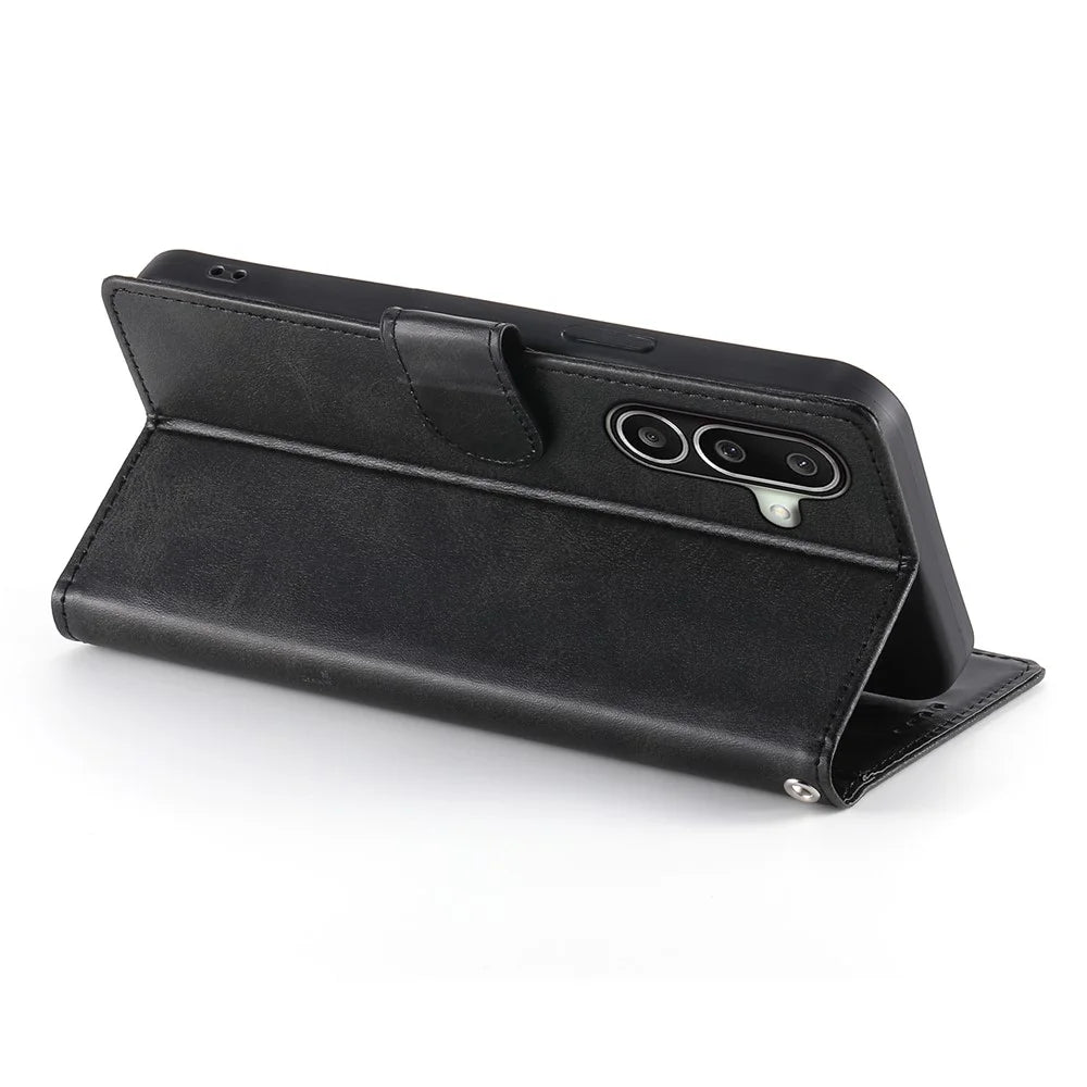 For Samsung Galaxy A27 5G Phone Case Stand Wallet Calf Texture PU Leather Flip Phone Cover with Wrist Strap - Black - 3